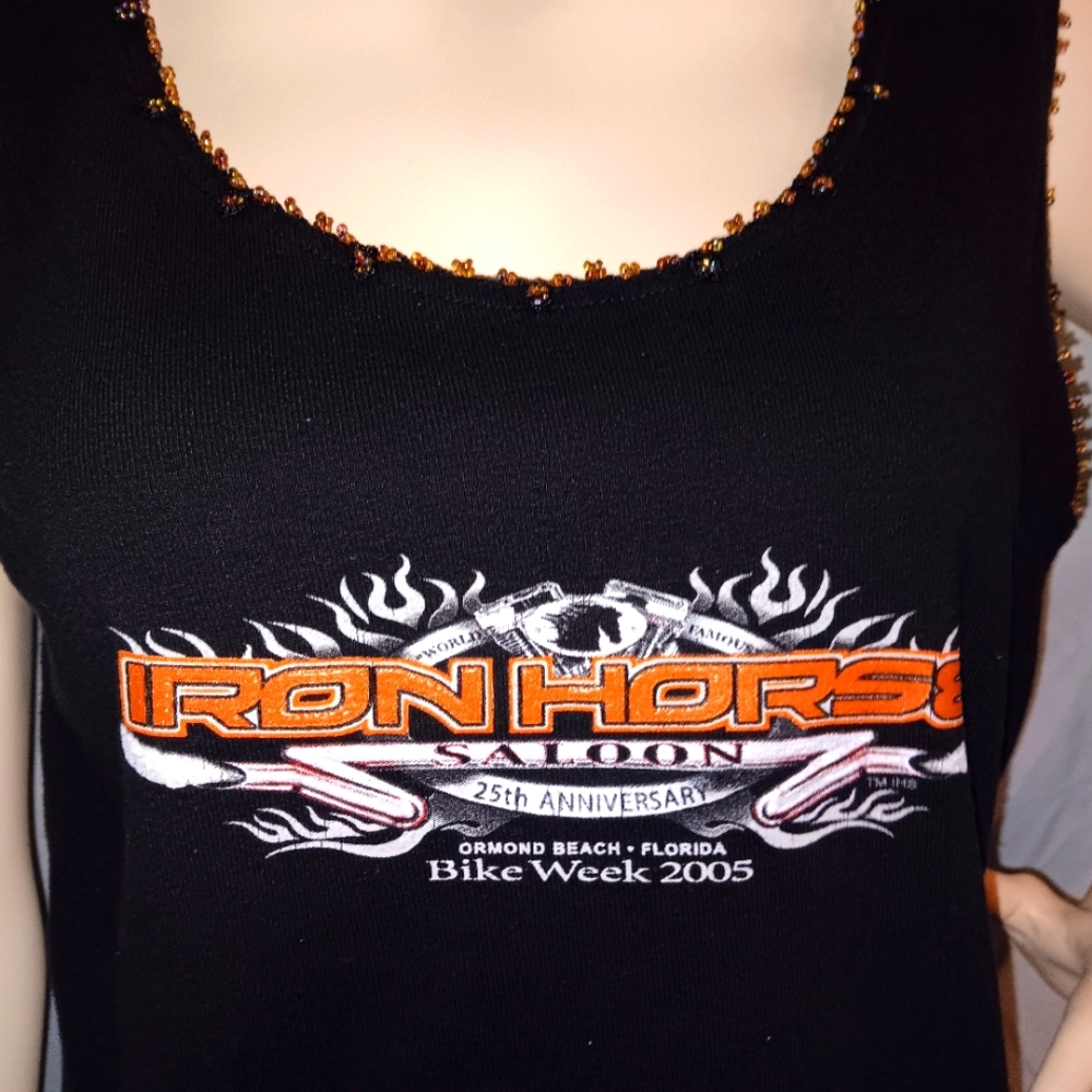25th Anniversary Ironhorse Saloon Black Tank w Beaded Trim
